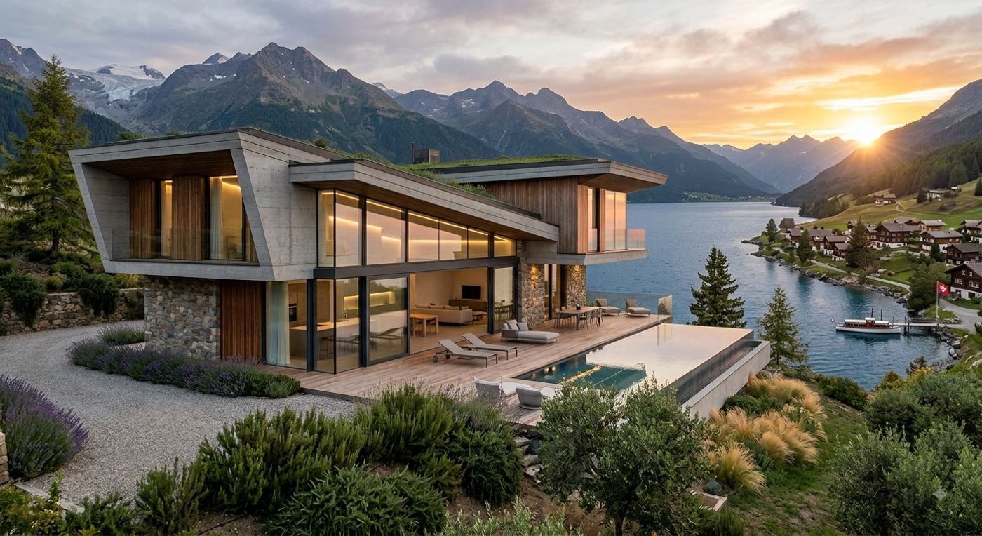 Villa contemporaine avec piscine à débordement face au lac